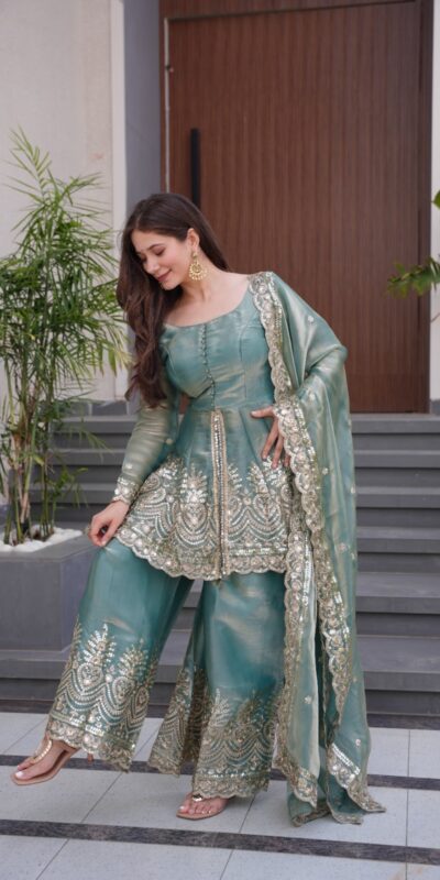 Firozi Fendy Satin Silk Embroidery Mirror Work Gown | Lehenga, Bollywood Lehenga, Creative Lehenga, Designer Lehenga, Embroidered Lehenga, Party Wear Lehenga