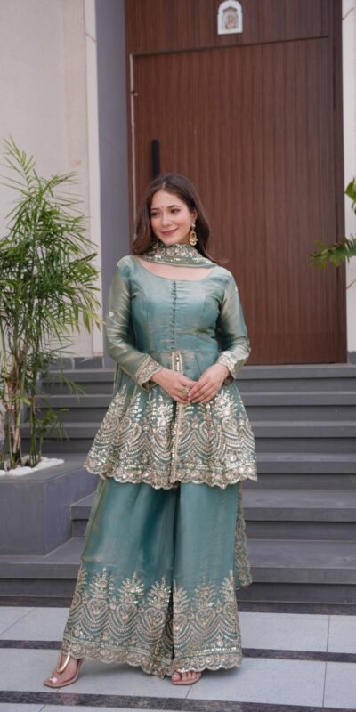 Firozi Fendy Satin Silk Embroidery Mirror Work Gown | Lehenga, Bollywood Lehenga, Creative Lehenga, Designer Lehenga, Embroidered Lehenga, Party Wear Lehenga
