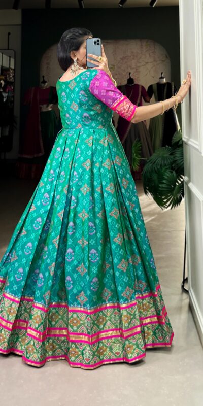 Firozi Jacquard Patola Gown | Gowns, Bollywood Gowns, Creative Gowns, Designer Gowns, Embroidered Gowns, Party Wear Gowns