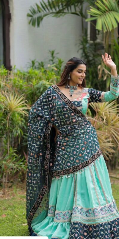 Firozi Silk Cowrie Work Embroidery Lehenga Choli | Lehenga, Bollywood Lehenga, Creative Lehenga, Designer Lehenga, Embroidered Lehenga, Party Wear Lehenga