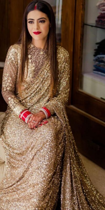 Gold Fancy Thread Sequins Work Saree | Sarees, Bollywood Sarees, Creative Sarees, Designer Sarees, Embroidered Sarees, Party Wear Sarees
