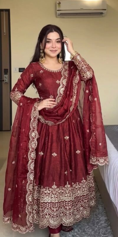 NSR 895 Red Fendy Silk Salwar Suit with Mirror Work & Embroidery Work. Best Price ₹2399. Delivery 4-6 Working Days. Shop now. | Anarkali Suits, Bollywood Anarkali, Creative-Anarkali, Designer Anarkali, Embroidered Anarkali, Party Wear Anarkali