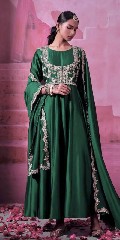Green Chinon Silk Sequins Embroidery Work Gown | Gowns, Bollywood Gowns, Creative Gowns, Designer Gowns, Embroidered Gowns, Party Wear Gowns