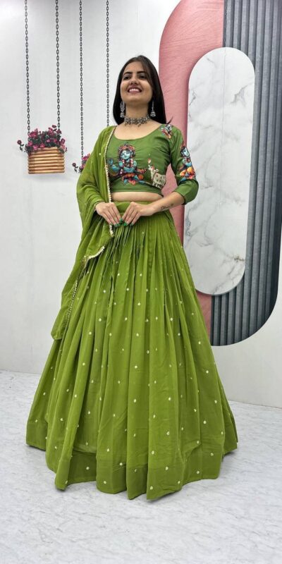 Green Cotton Kalamkari Embroidery Work Lehenga Choli | Lehenga, Bollywood Lehenga, Creative Lehenga, Designer Lehenga, Embroidered Lehenga, Party Wear Lehenga