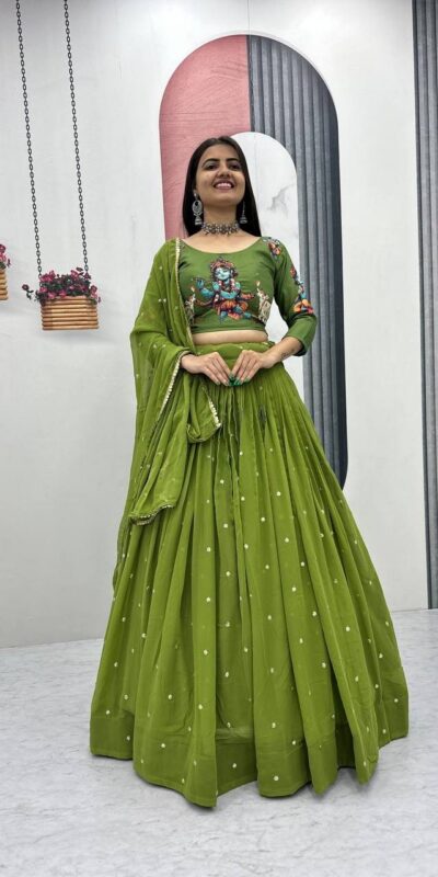 Green Cotton Kalamkari Embroidery Work Lehenga Choli | Lehenga, Bollywood Lehenga, Creative Lehenga, Designer Lehenga, Embroidered Lehenga, Party Wear Lehenga