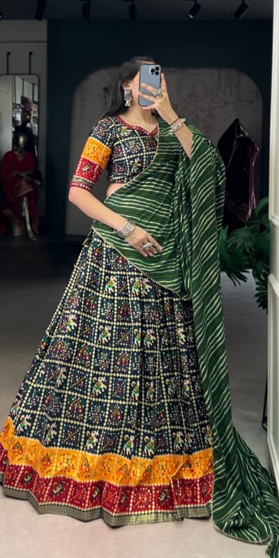 Green Cotton Printed Lehenga Choli | Lehenga, Bollywood Lehenga, Creative Lehenga, Designer Lehenga, Embroidered Lehenga, Party Wear Lehenga