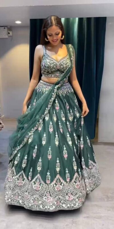 Green Fuax Georgette Cut Work Lehenga Choli | Lehenga, Bollywood Lehenga, Creative Lehenga, Designer Lehenga, Embroidered Lehenga, Party Wear Lehenga