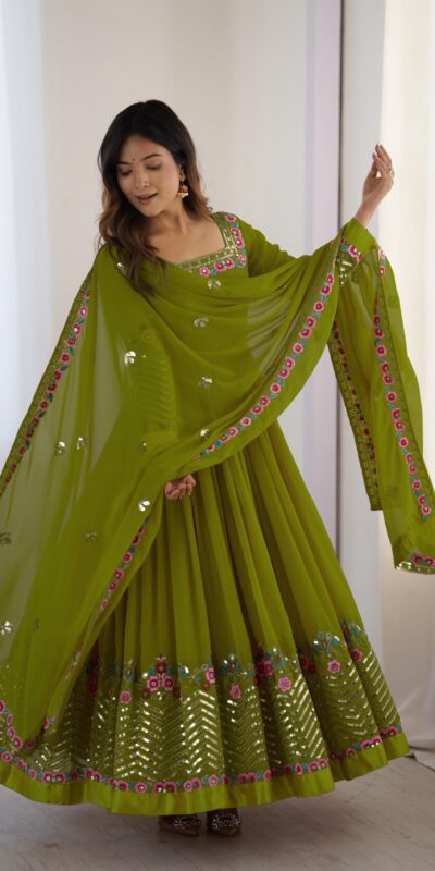 Green Georgette Multi Thread Work Gown | Jump Suits, Salwar suit, Casual Suits, Creative suits, Designer Suits, Palazzo Suits, Party Wear Suits, Patiala Suits, Straight Suits