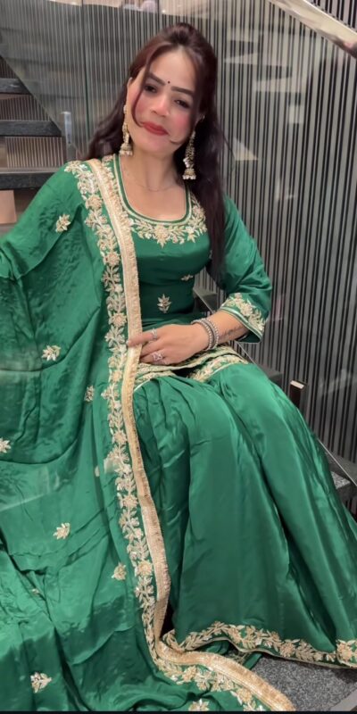 Green Natural Crep Embroidery Work Salwar Suit | Jump Suits, Salwar suit, Casual Suits, Creative suits, Designer Suits, Palazzo Suits, Party Wear Suits, Patiala Suits, Straight Suits