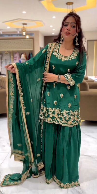 Green Natural Crep Embroidery Work Salwar Suit | Jump Suits, Salwar suit, Casual Suits, Creative suits, Designer Suits, Palazzo Suits, Party Wear Suits, Patiala Suits, Straight Suits