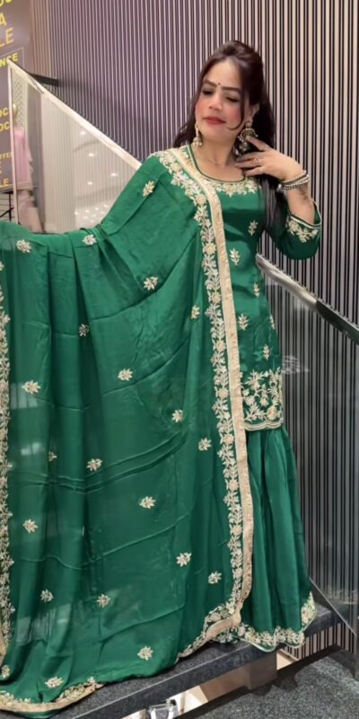 Green Natural Crep Embroidery Work Salwar Suit | Jump Suits, Salwar suit, Casual Suits, Creative suits, Designer Suits, Palazzo Suits, Party Wear Suits, Patiala Suits, Straight Suits