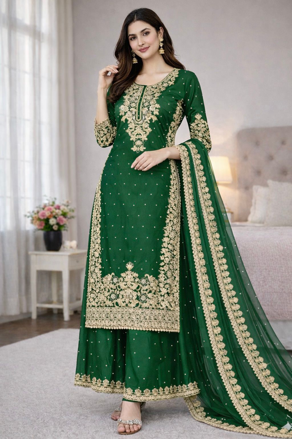 Green Organza Silk Embroidery Work Salwar Suit | Jump Suits, Salwar suit, Casual Suits, Creative suits, Designer Suits, Palazzo Suits, Party Wear Suits, Patiala Suits, Straight Suits