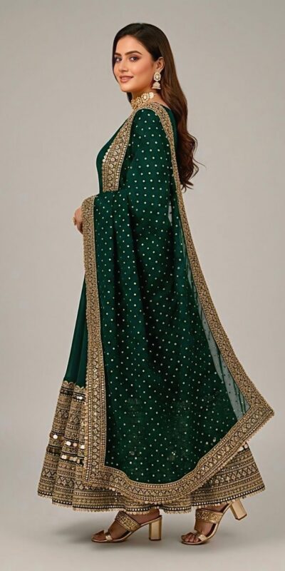 Green Roman Silk Embroidery Lace Work Gown | Gowns, Bollywood Gowns, Creative Gowns, Designer Gowns, Embroidered Gowns, Party Wear Gowns