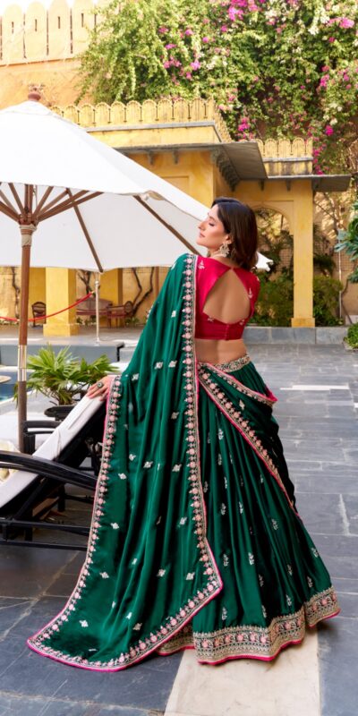 Green Silk Satin Sequins Work Lehenga Choli | Lehenga, Bollywood Lehenga, Creative Lehenga, Designer Lehenga, Embroidered Lehenga, Party Wear Lehenga