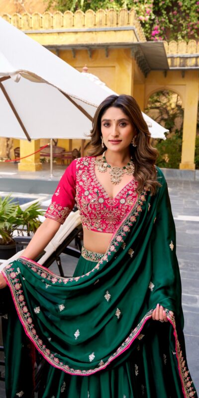 Green Silk Satin Sequins Work Lehenga Choli | Lehenga, Bollywood Lehenga, Creative Lehenga, Designer Lehenga, Embroidered Lehenga, Party Wear Lehenga