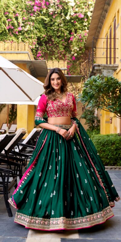 Green Silk Satin Sequins Work Lehenga Choli | Lehenga, Bollywood Lehenga, Creative Lehenga, Designer Lehenga, Embroidered Lehenga, Party Wear Lehenga