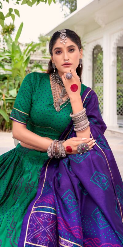 Green Tasar Silk Bandhej Print Lehenga Choli | Lehenga, Bollywood Lehenga, Creative Lehenga, Designer Lehenga, Embroidered Lehenga, Party Wear Lehenga