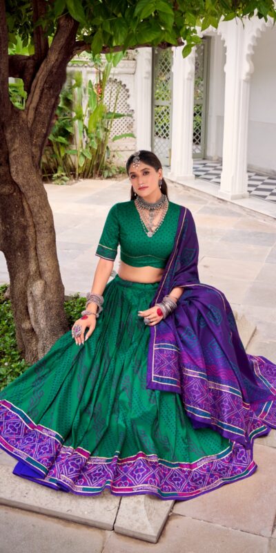 Green Tasar Silk Bandhej Print Lehenga Choli | Lehenga, Bollywood Lehenga, Creative Lehenga, Designer Lehenga, Embroidered Lehenga, Party Wear Lehenga