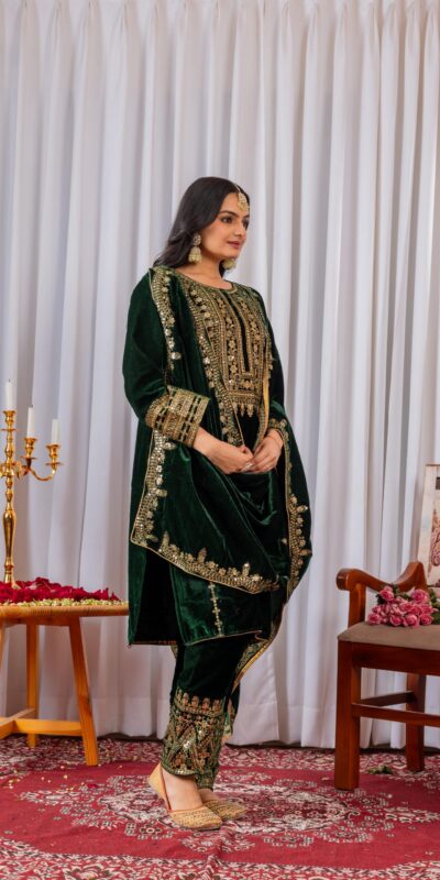 Green Velvet Sequence 5 mm Work Salwar Suit | Jump Suits, Salwar suit, Casual Suits, Creative suits, Designer Suits, Palazzo Suits, Party Wear Suits, Patiala Suits, Straight Suits