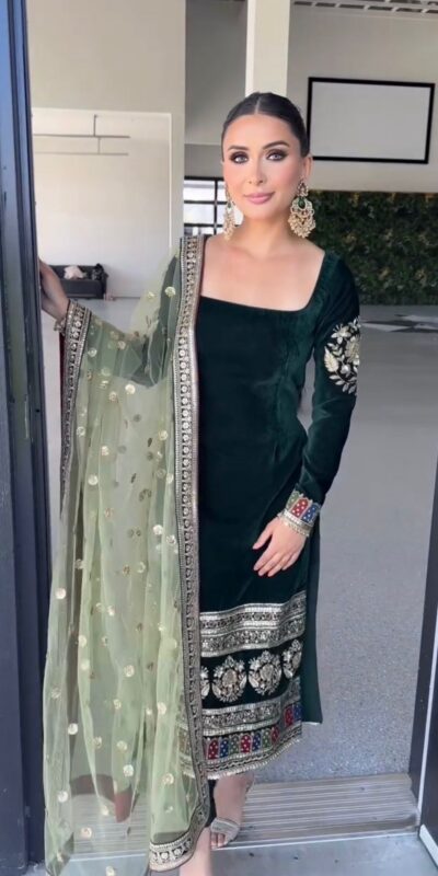 Green Viscous Velvet Embroider Work Salwar Suit | Jump Suits, Salwar suit, Casual Suits, Creative suits, Designer Suits, Palazzo Suits, Party Wear Suits, Patiala Suits, Straight Suits