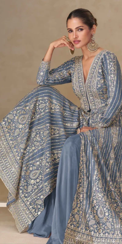Grey Chinon Silk Embroider Work Salwar Suit | Jump Suits, Salwar suit, Casual Suits, Creative suits, Designer Suits, Palazzo Suits, Party Wear Suits, Patiala Suits, Straight Suits