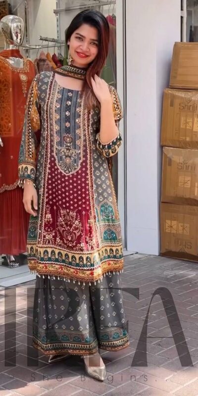 Grey Faux Georgette Mirror Work Print Salwar Suit | Jump Suits, Salwar suit, Casual Suits, Creative suits, Designer Suits, Palazzo Suits, Party Wear Suits, Patiala Suits, Straight Suits