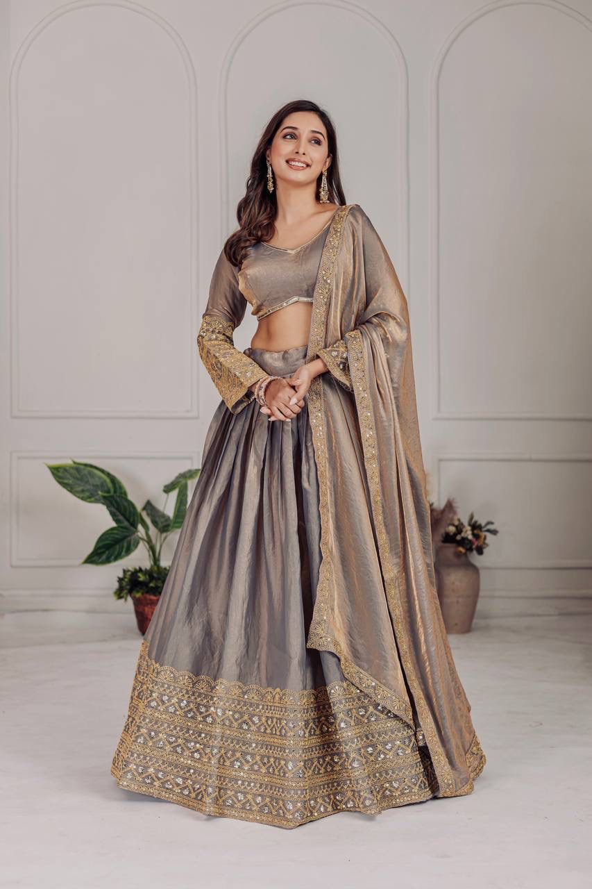Grey Fendi Embroidery Sequins Work Lehenga Choli | Lehenga, Bollywood Lehenga, Creative Lehenga, Designer Lehenga, Embroidered Lehenga, Party Wear Lehenga