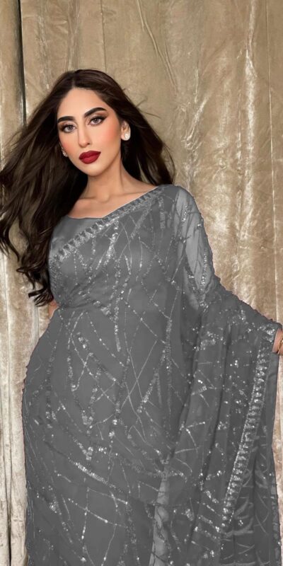 Grey Georgette Embroidery Sequence Piping Saree | Sarees, Bollywood Sarees, Creative Sarees, Designer Sarees, Embroidered Sarees, Ethnic Saree, Modern Digital sarees, Party Wear Sarees