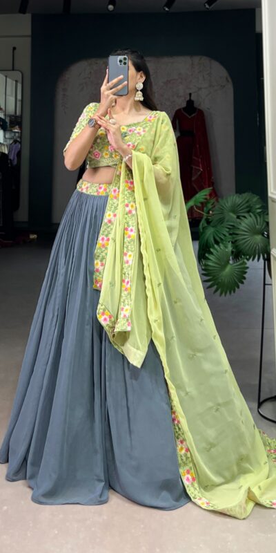 Grey Georgette Sequins Work Embroidery Lehenga Choli | Lehenga, Bollywood Lehenga, Creative Lehenga, Designer Lehenga, Embroidered Lehenga, Party Wear Lehenga