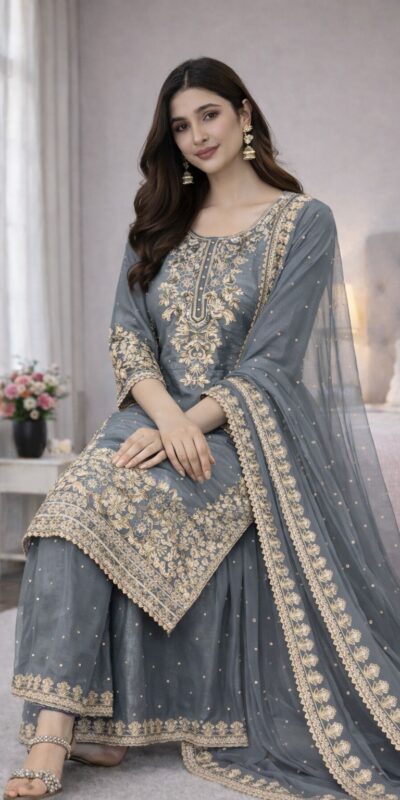 Grey Organza Silk Embroidery Work Salwar Suit | Jump Suits, Salwar suit, Casual Suits, Creative suits, Designer Suits, Palazzo Suits, Party Wear Suits, Patiala Suits, Straight Suits