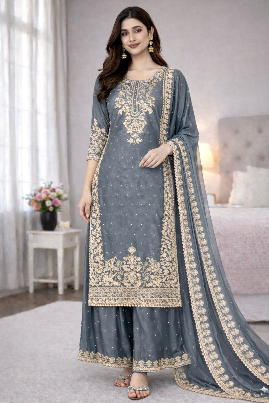 Grey Organza Silk Embroidery Work Salwar Suit | Jump Suits, Salwar suit, Casual Suits, Creative suits, Designer Suits, Palazzo Suits, Party Wear Suits, Patiala Suits, Straight Suits
