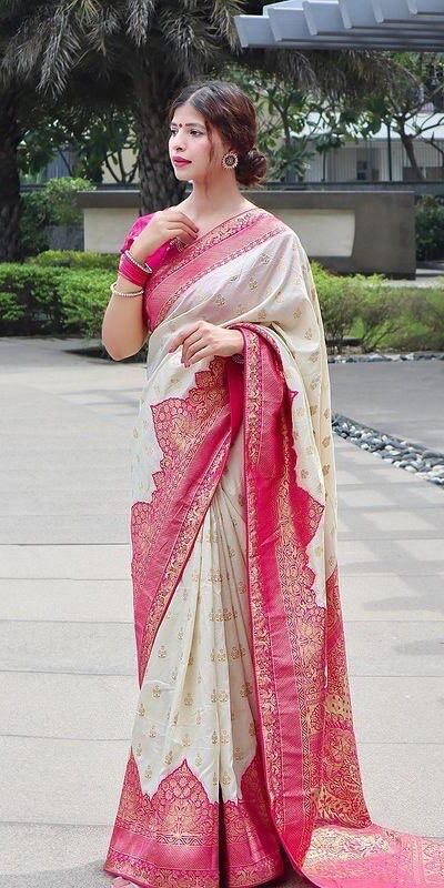 Half White Soft Litchi Silk Jacquard Work On All Over Saree | Sarees, Bollywood Sarees, Creative Sarees, Designer Sarees, Embroidered Sarees, Ethnic Saree, Modern Digital sarees, Party Wear Sarees