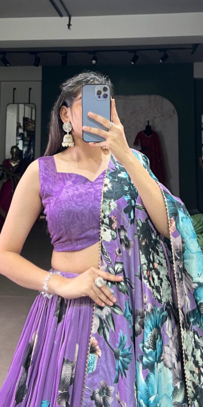 Lavender Tasar Floral Print Lehenga Choli | Lehenga, Bollywood Lehenga, Creative Lehenga, Designer Lehenga, Embroidered Lehenga, Party Wear Lehenga
