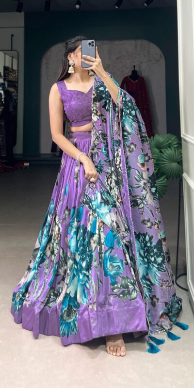Lavender Tasar Floral Print Lehenga Choli | Lehenga, Bollywood Lehenga, Creative Lehenga, Designer Lehenga, Embroidered Lehenga, Party Wear Lehenga