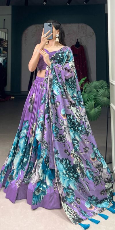 Lavender Tasar Floral Print Lehenga Choli | Lehenga, Bollywood Lehenga, Creative Lehenga, Designer Lehenga, Embroidered Lehenga, Party Wear Lehenga