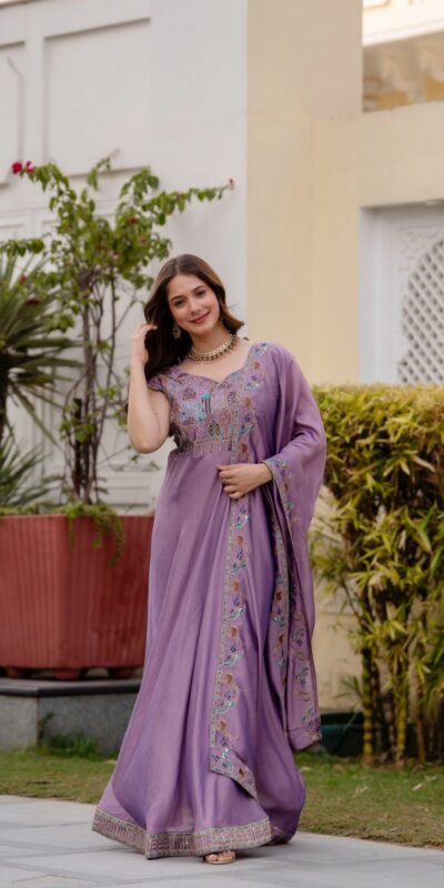 Lavender Vichitra Silk Embroider Work Gown | Gowns, Bollywood Gowns, Creative Gowns, Designer Gowns, Embroidered Gowns, Party Wear Gowns