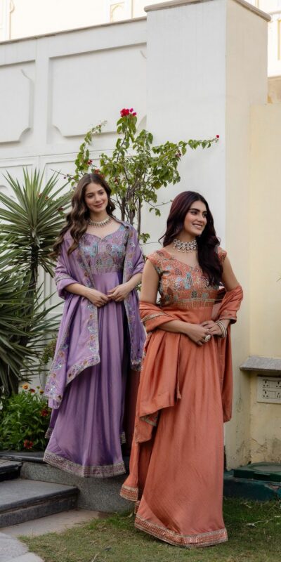 Lavender Vichitra Silk Embroider Work Gown | Gowns, Bollywood Gowns, Creative Gowns, Designer Gowns, Embroidered Gowns, Party Wear Gowns