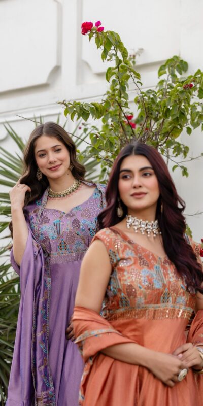 Lavender Vichitra Silk Embroider Work Gown | Gowns, Bollywood Gowns, Creative Gowns, Designer Gowns, Embroidered Gowns, Party Wear Gowns