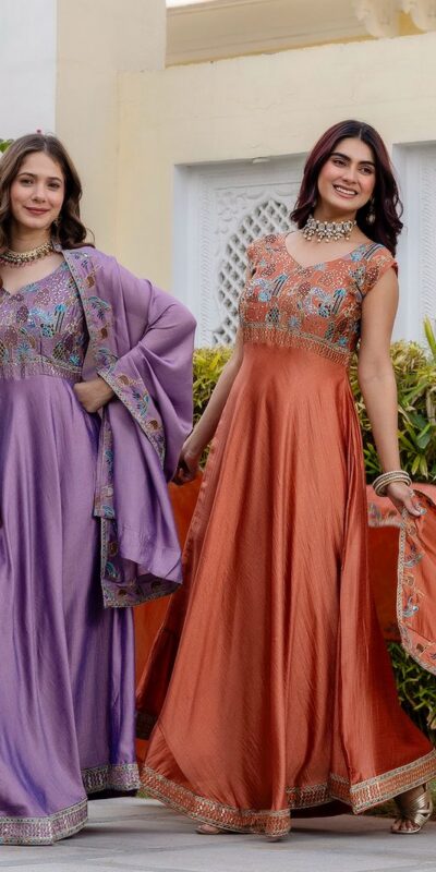 Lavender Vichitra Silk Embroider Work Gown | Gowns, Bollywood Gowns, Creative Gowns, Designer Gowns, Embroidered Gowns, Party Wear Gowns