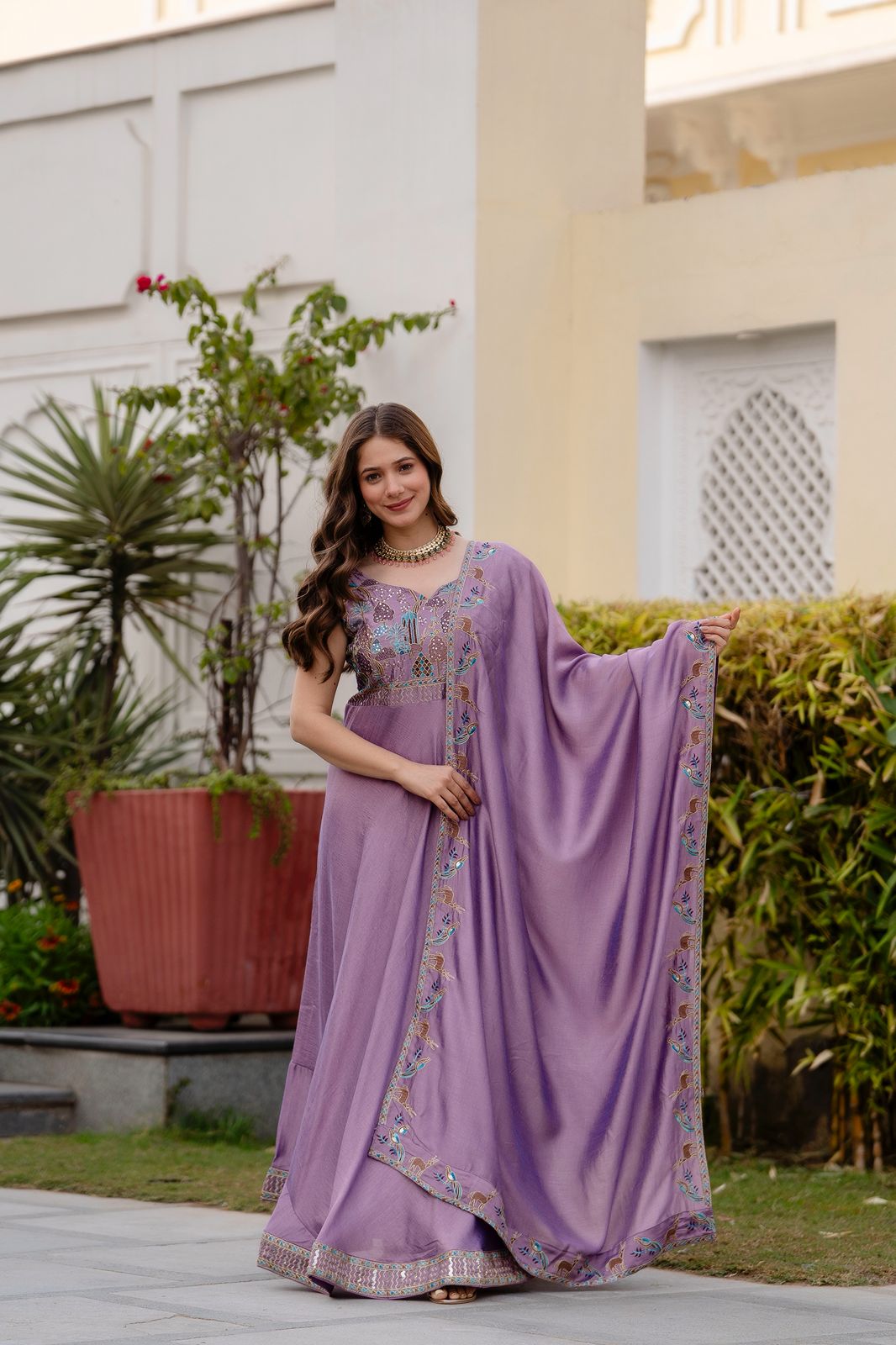 Lavender Vichitra Silk Embroider Work Gown | Gowns, Bollywood Gowns, Creative Gowns, Designer Gowns, Embroidered Gowns, Party Wear Gowns