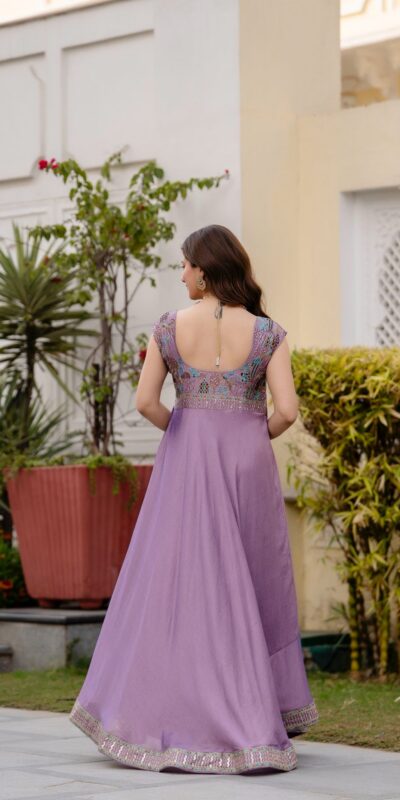 Lavender Vichitra Silk Embroider Work Gown | Gowns, Bollywood Gowns, Creative Gowns, Designer Gowns, Embroidered Gowns, Party Wear Gowns