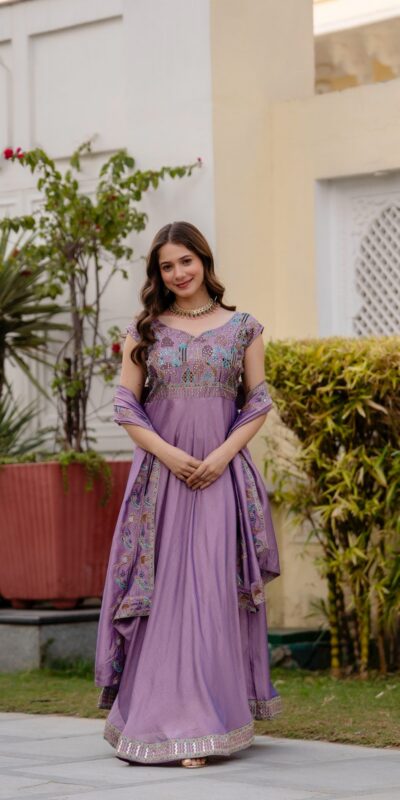 Lavender Vichitra Silk Embroider Work Gown | Gowns, Bollywood Gowns, Creative Gowns, Designer Gowns, Embroidered Gowns, Party Wear Gowns