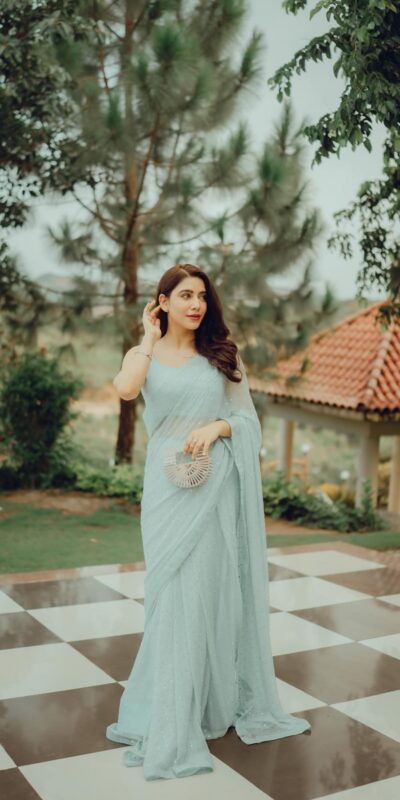 Light Blue Georgette Sirvoski Support Lace Saree | Sarees, Bollywood Sarees, Creative Sarees, Designer Sarees, Embroidered Sarees, Ethnic Saree, Modern Digital sarees, Party Wear Sarees
