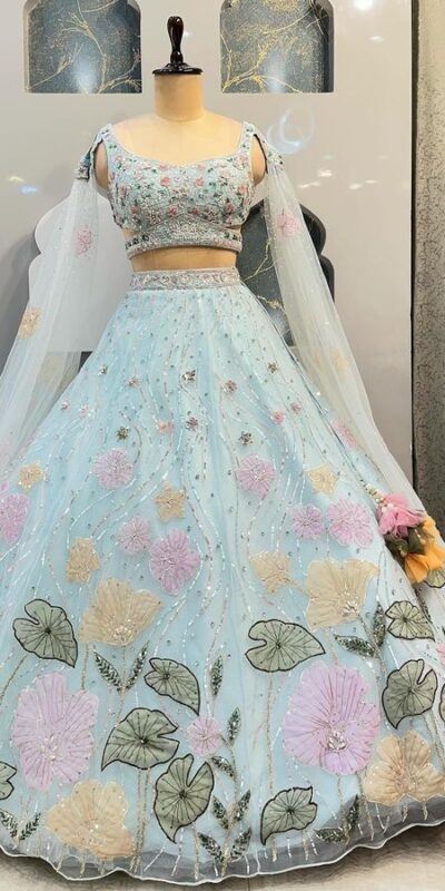 Light Blue Organza Silk Embroidered Lehenga Choli | Lehenga, Bollywood Lehenga, Creative Lehenga, Designer Lehenga, Embroidered Lehenga, Party Wear Lehenga