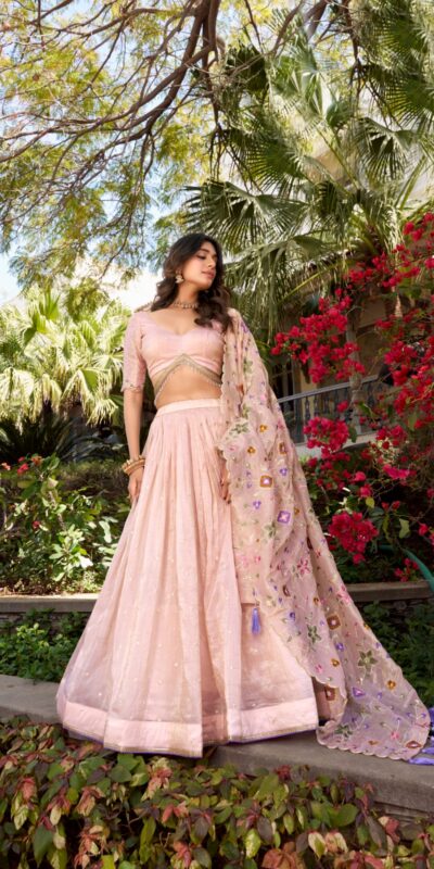 Light Pink Gold Crush Sequins Lehenga Choli | Lehenga, Bollywood Lehenga, Creative Lehenga, Designer Lehenga, Embroidered Lehenga, Party Wear Lehenga