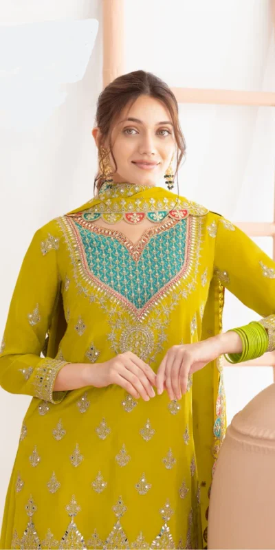Lime Yellow Chinon Sequence Mirror Work Salwar Suit | Jump Suits, Salwar suit, Casual Suits, Creative suits, Designer Suits, Palazzo Suits, Party Wear Suits, Patiala Suits, Straight Suits