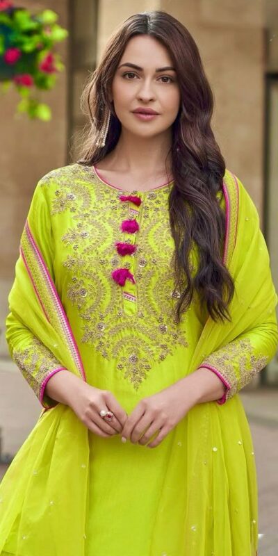 Lime Yellow Faux Georgette Embroidery Work Salwar Suit | Jump Suits, Salwar suit, Casual Suits, Creative suits, Designer Suits, Palazzo Suits, Party Wear Suits, Patiala Suits, Straight Suits