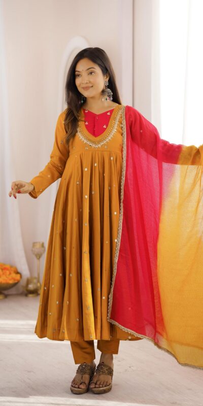 ZF 5023 Mustered Roman Silk Gown with Mirror Work & Embroidery Work. Special Price ₹2099. Delivery 4-6 Working Days. Shop now. | Gowns, Bollywood Gowns, Creative Gowns, Designer Gowns, Embroidered Gowns, Party Wear Gowns