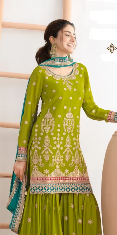 Mahendi Chinon Embroidery Mirror Work Salwar Suit | Jump Suits, Salwar suit, Casual Suits, Creative suits, Designer Suits, Palazzo Suits, Party Wear Suits, Patiala Suits, Straight Suits