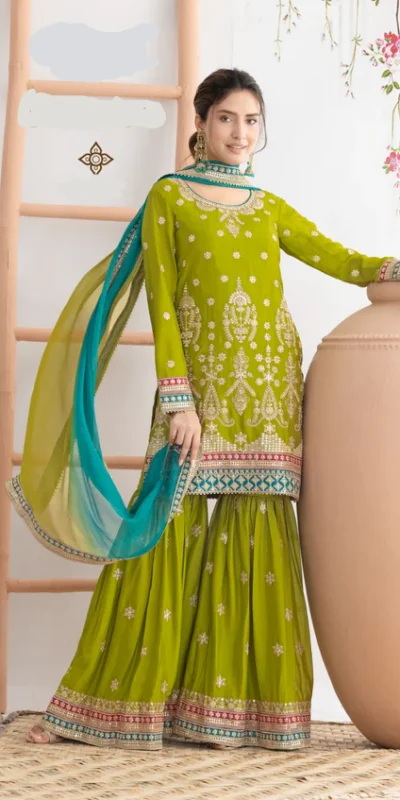 Mahendi Chinon Embroidery Mirror Work Salwar Suit | Jump Suits, Salwar suit, Casual Suits, Creative suits, Designer Suits, Palazzo Suits, Party Wear Suits, Patiala Suits, Straight Suits